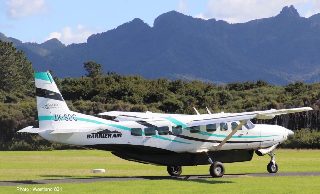 Barrier Air Grand Cessna Caravan at Claris Aerodrome, your transport from Auckland to Great Barrier Island for a guided hiking tour holiday with Walking Legends in New Zealand