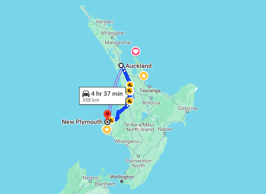 Auckland to New Plymouth map for how to get to Dawson Falls Taranaki