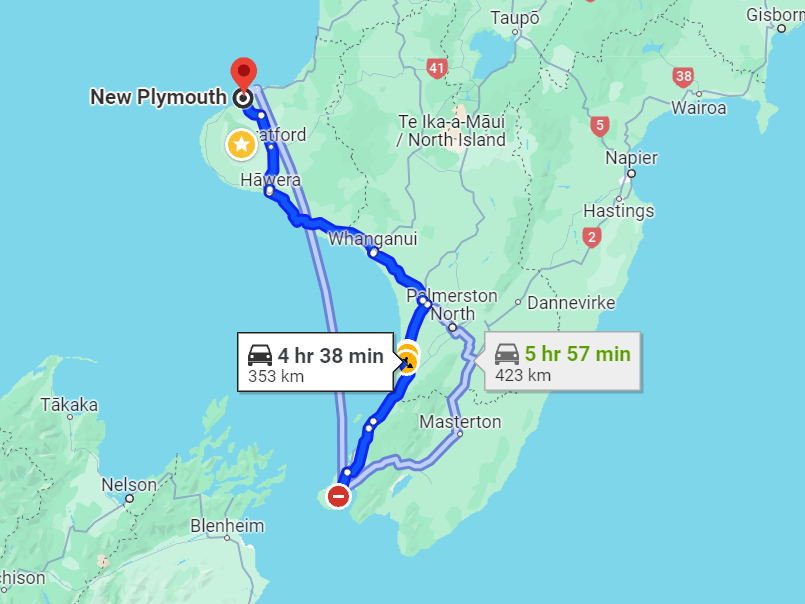 Route map from Wellington to New Plymouth by car