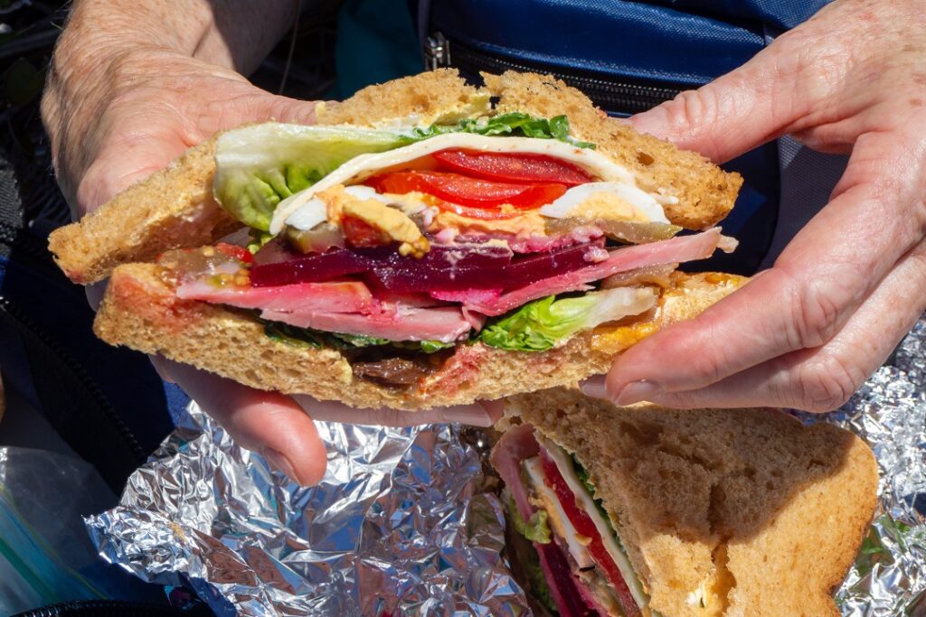A brown bread sandwich filled with healthy fillings like lettuce, tomato, cheese, eggs, beetroot and deli meats on a NZ guided walk with Walking Legends