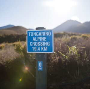 A blue and white trail head marker at the start of the Tongariro Alpine Crossing track
